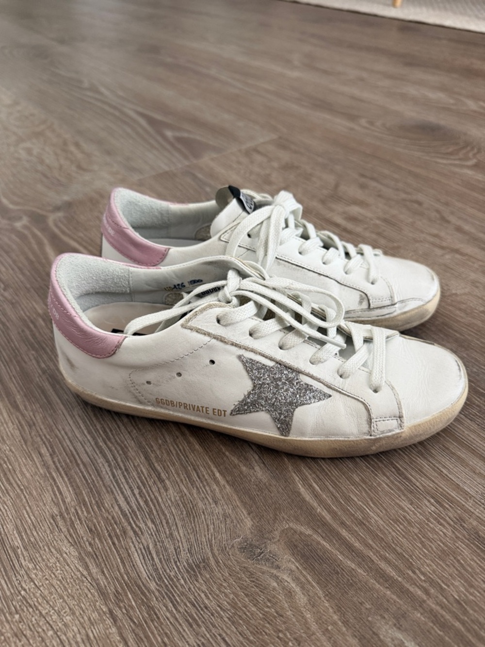 Golden Goose Superstar Sneakers with Pink Heel and Silver Glitter Star